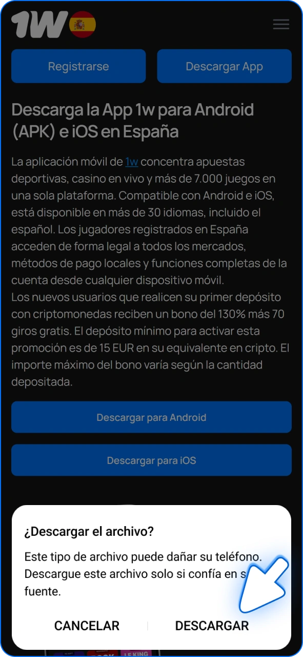 Confirma la descarga de la aplicación 1w para Android.