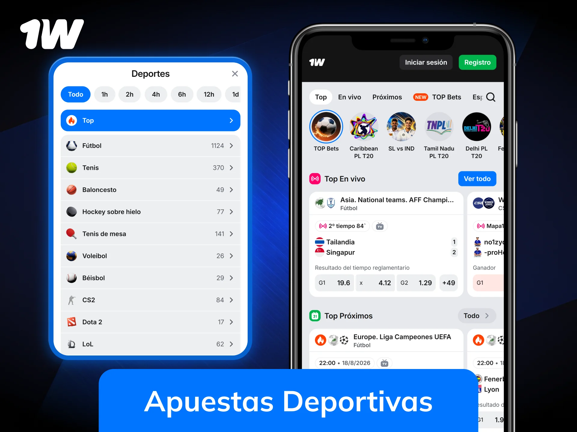 Haz tus apuestas deportivas preferidas en la app 1w fácilmente.