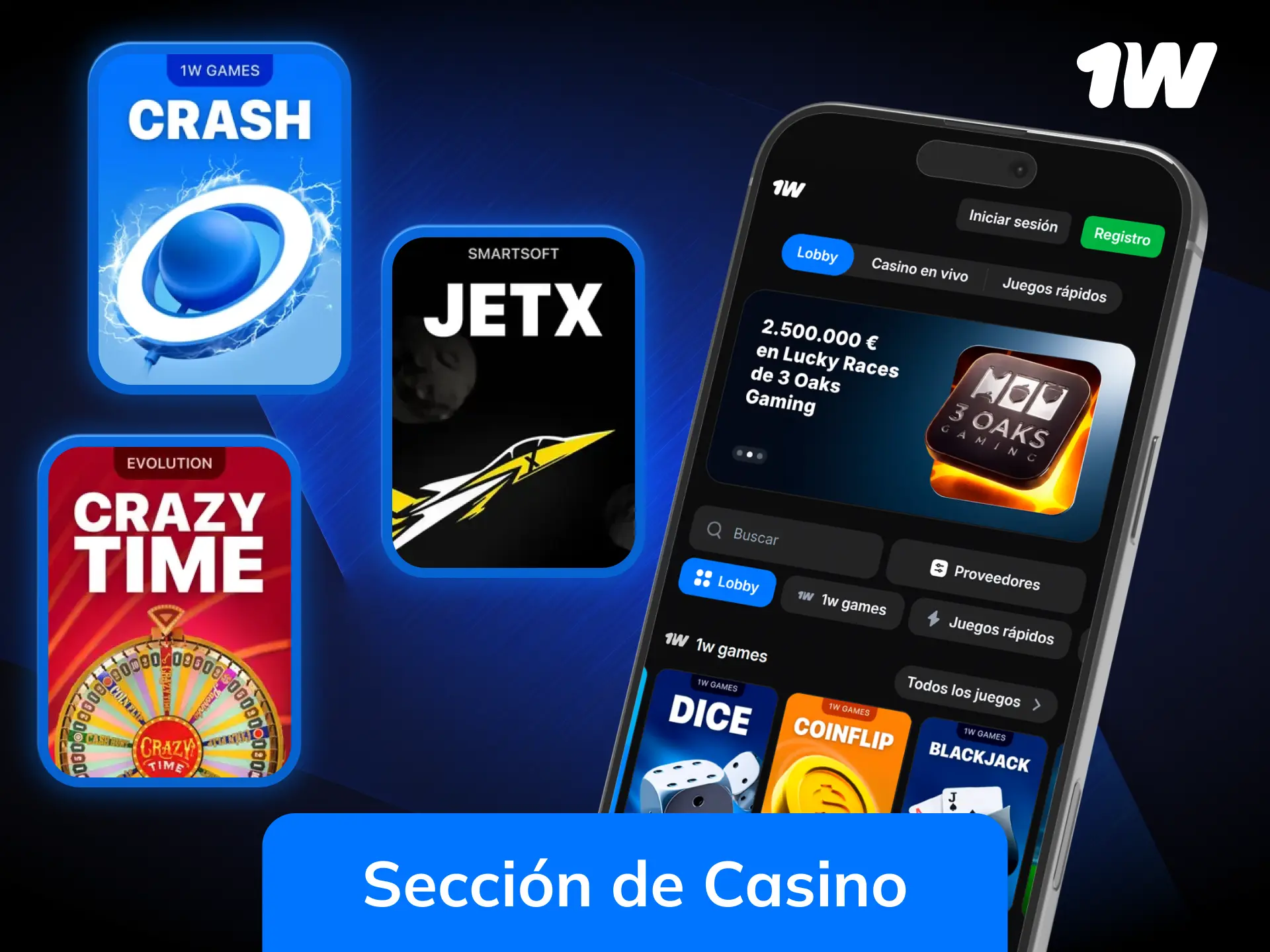 Explora la sección de casino disponible en la app 1w.