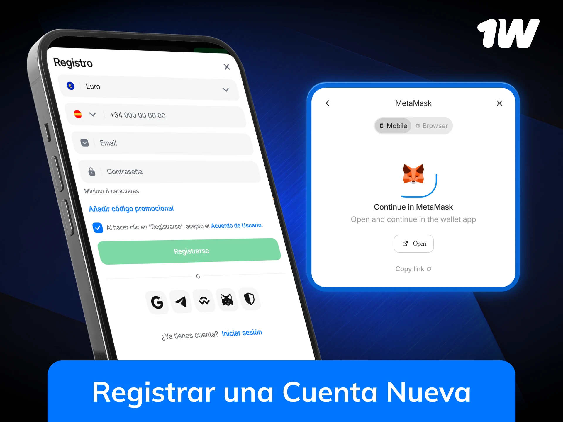 Registra una nueva cuenta en la app 1w para comenzar a apostar.