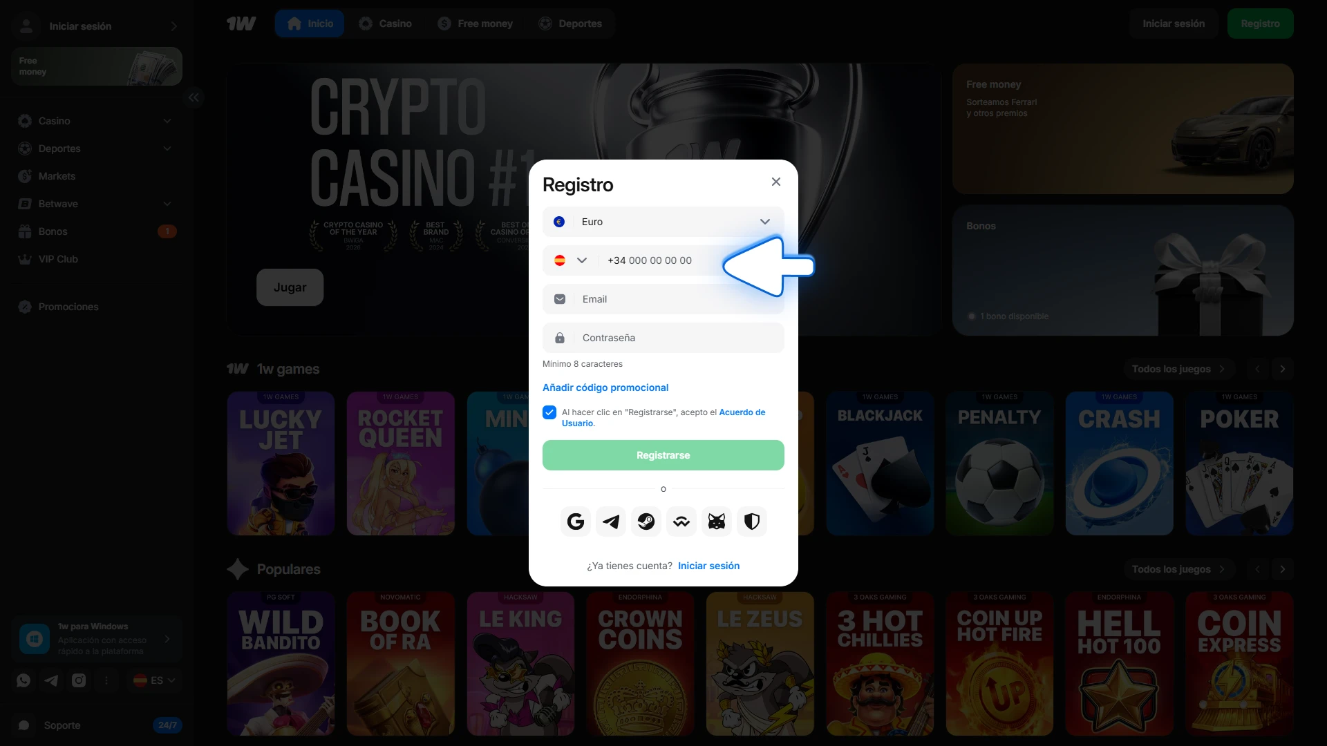 Crea una cuenta en 1w para usar el código promocional.