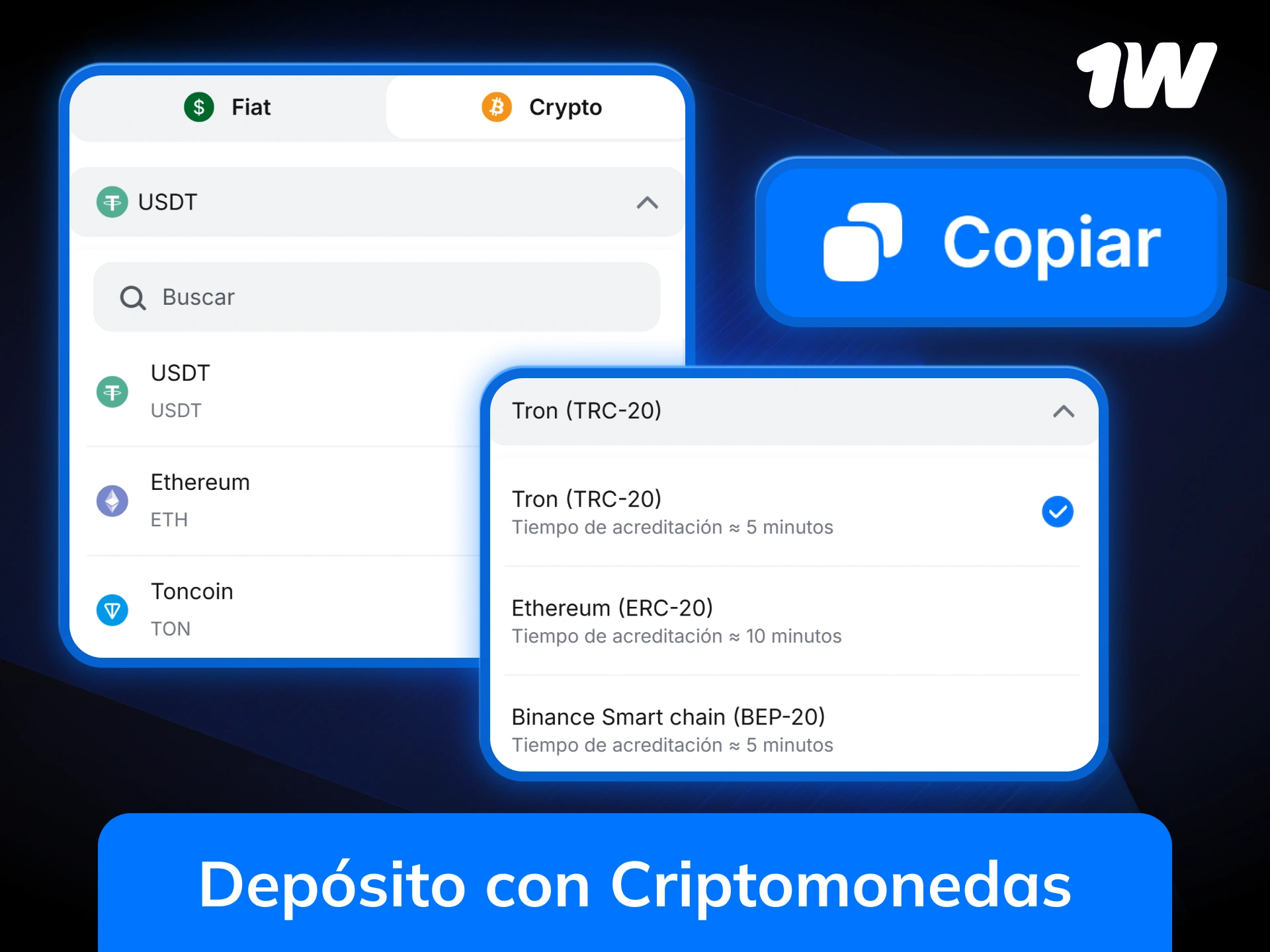 Realiza tu depósito con criptomonedas en 1w y recarga tu cuenta rápidamente.