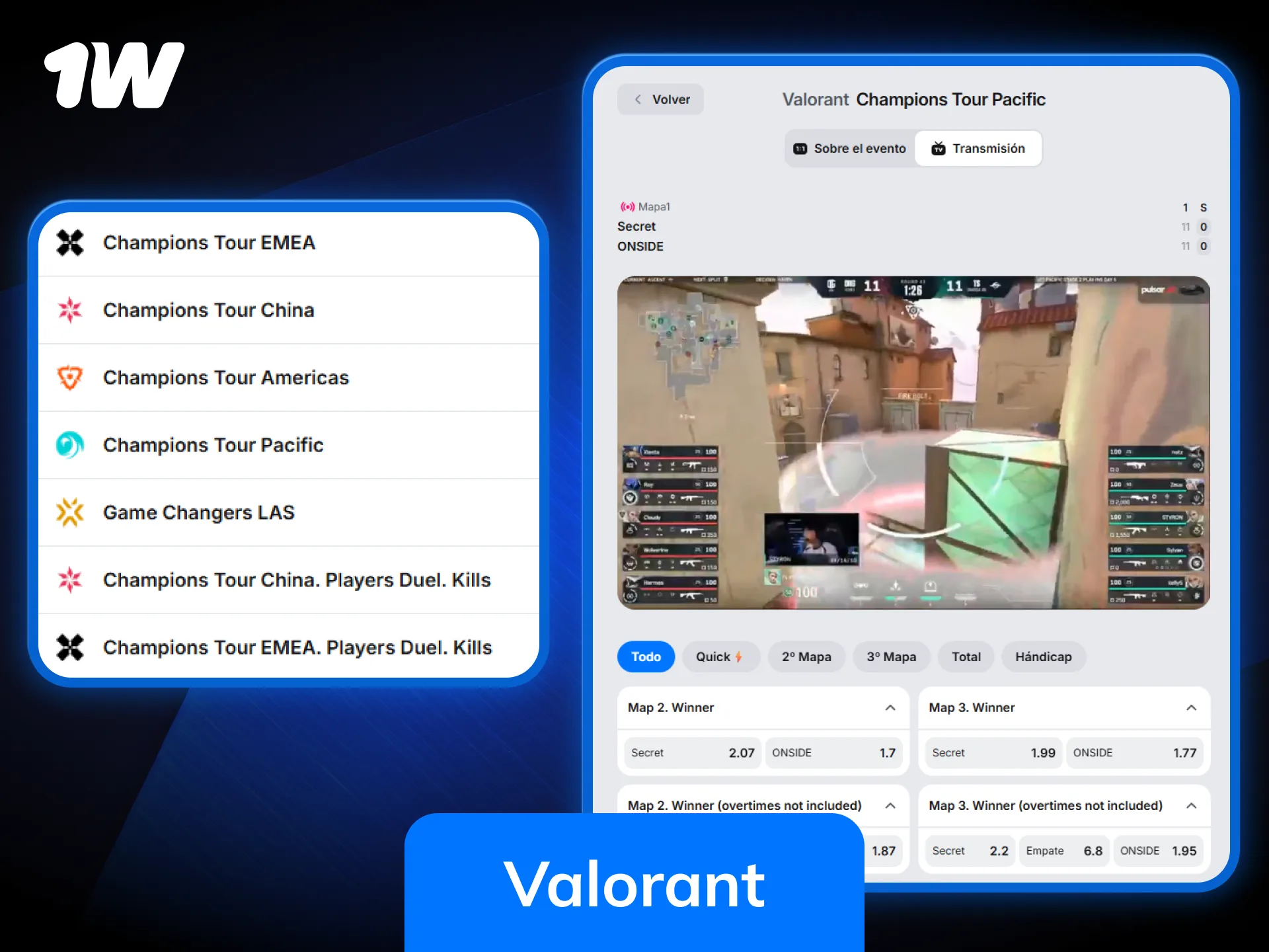 Explora el mercado de apuestas de Valorant en 1w y demuestra tu estrategia.