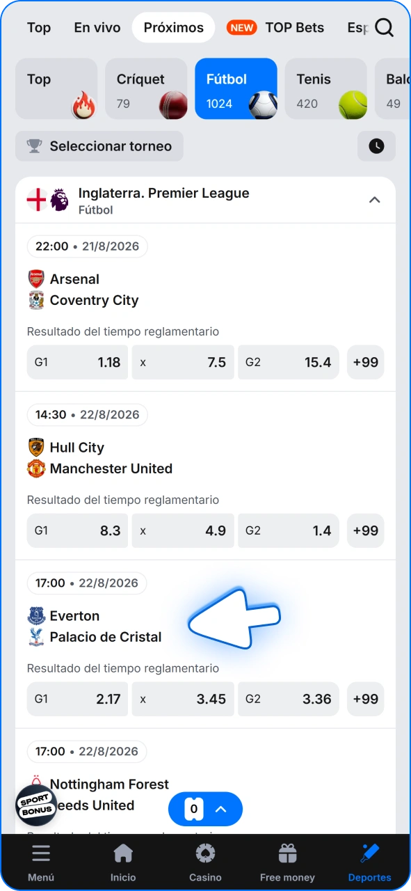 Selecciona el torneo deportivo en el que apostar a 1w.