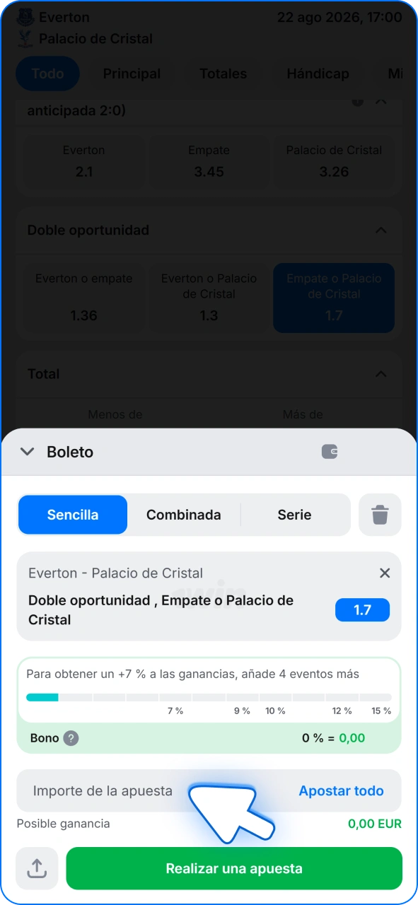 Introduzca el importe de su apuesta deportiva en el formulario de apuesta 1w.