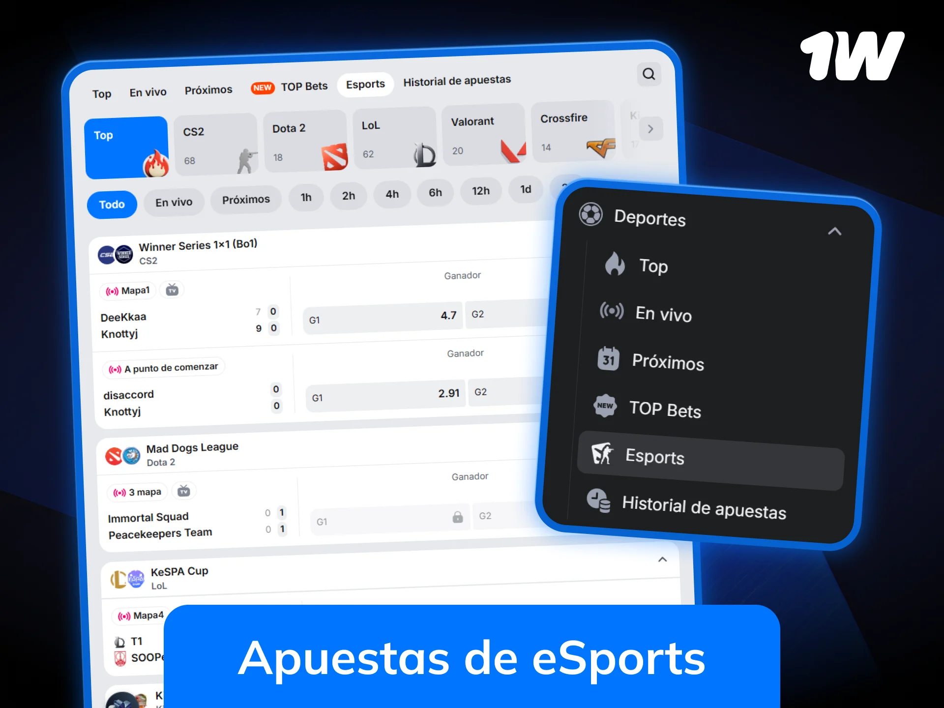 Apuesta en tus torneos de eSports favoritos a través de 1w.