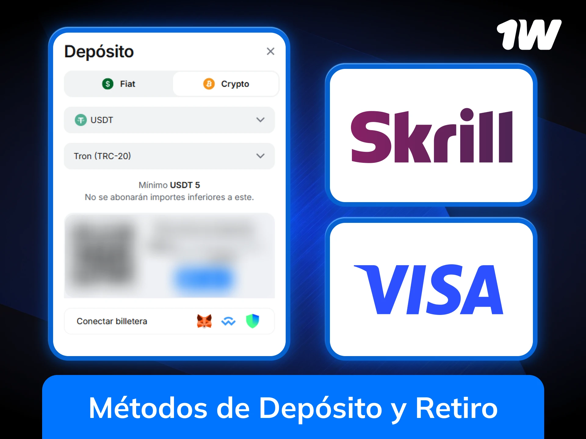 Selecciona tu método de depósito y retiro preferido para operar en 1w.