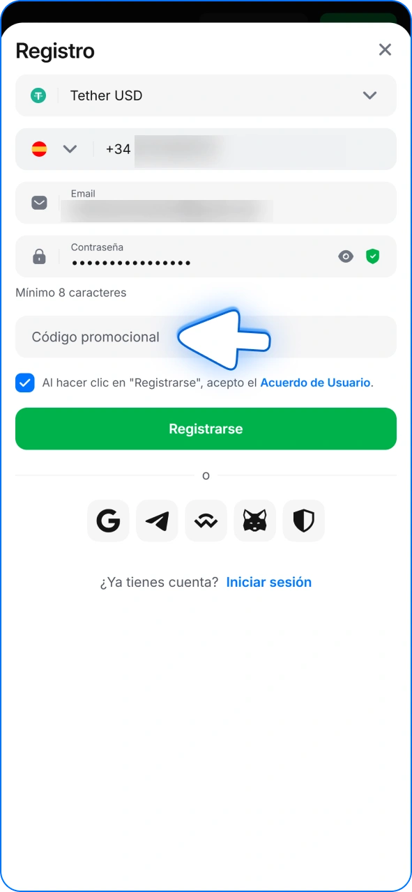 Introduce el código promocional en el formulario de registro de 1w.