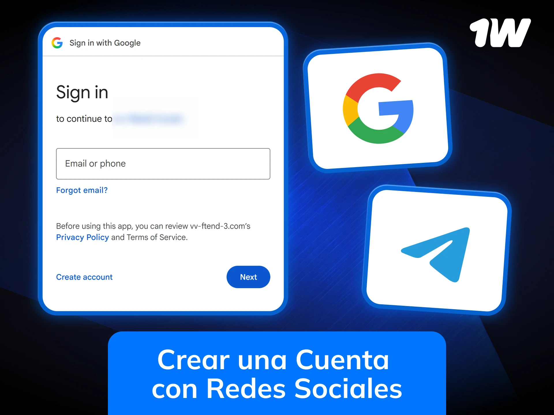 Únete a 1w con redes sociales para empezar a apostar rápidamente.