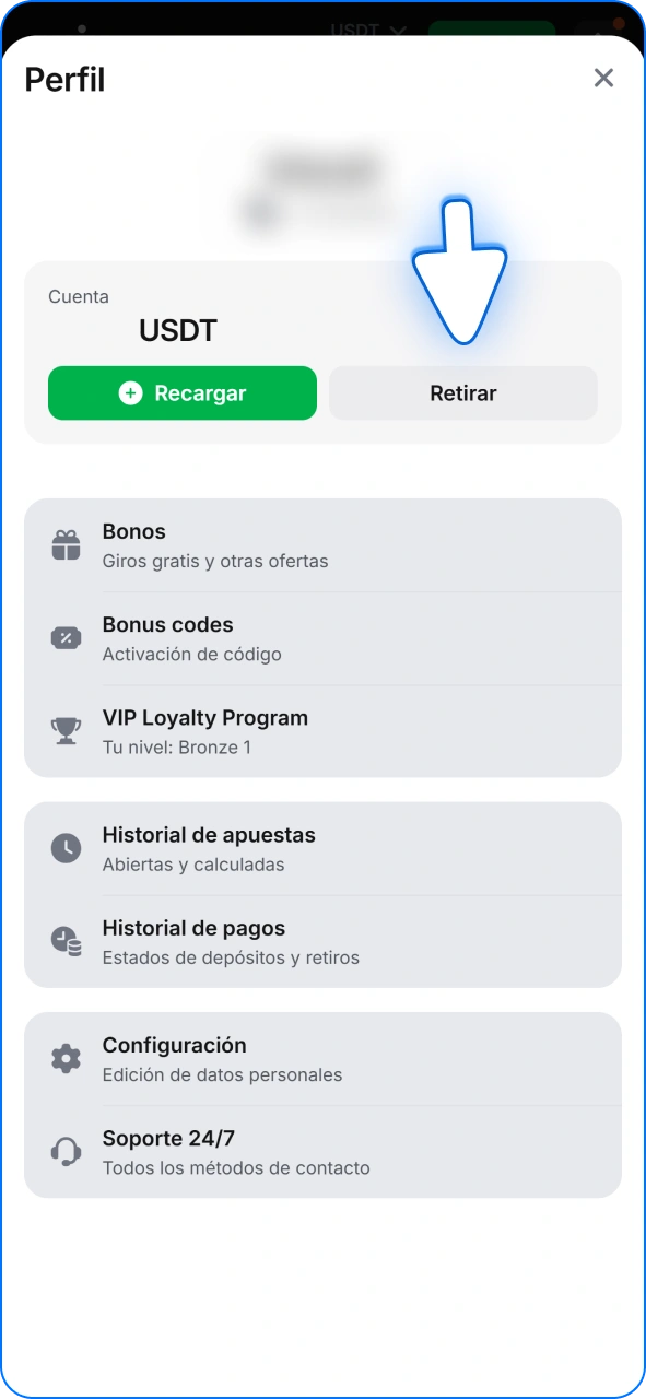 Busca el botón de retiro en tu cuenta de 1w.